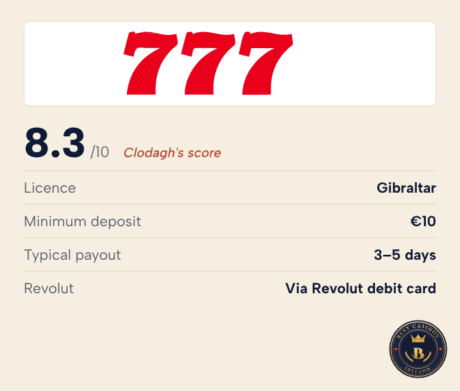 777 Casino rating: 8.3 out of 10, Gibraltar licence, minimum deposit €10