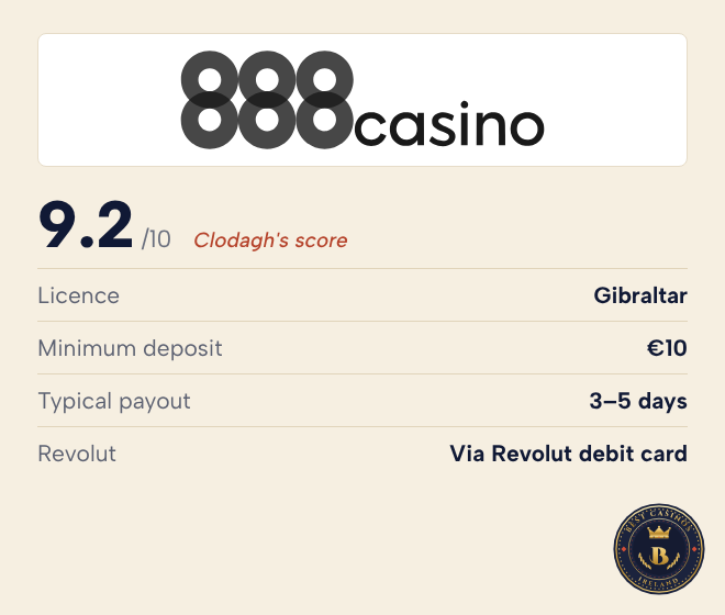 888casino rating: 9.2 out of 10, Gibraltar licence, minimum deposit €10