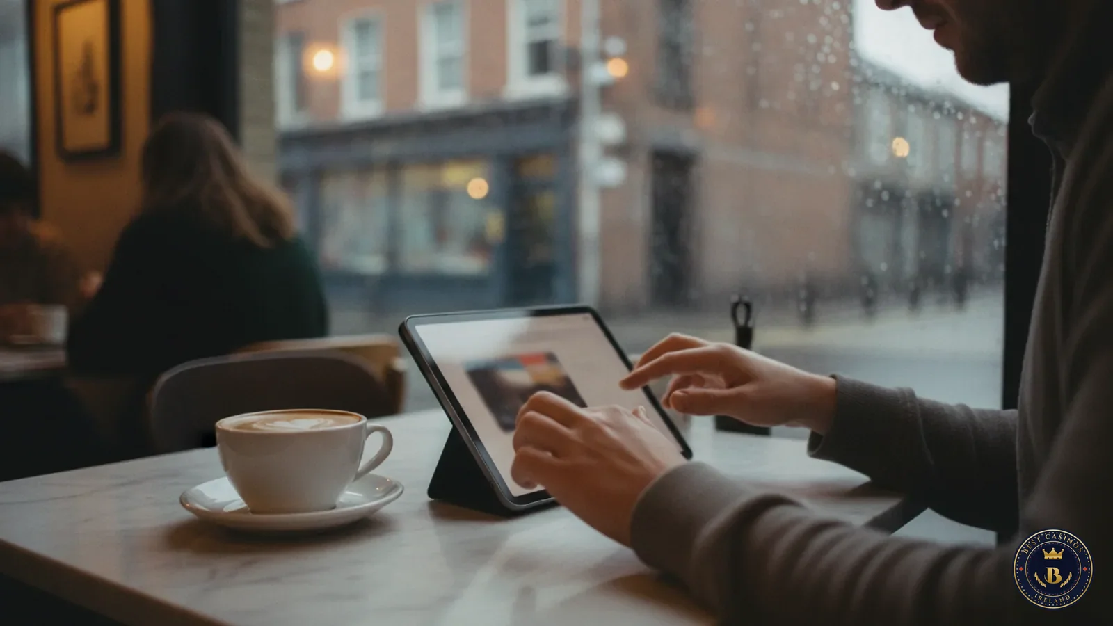 Person scrolling a casino lobby on a tablet in a Dublin café on a rainy morning
