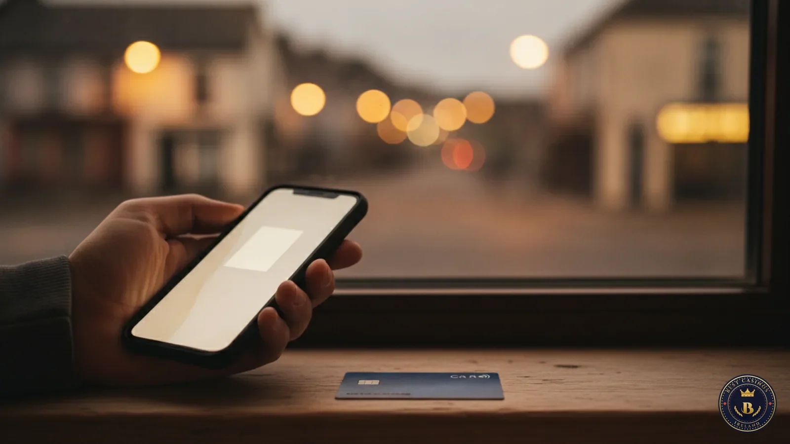 Hand holding a phone showing a payment notification, with a bank card on the window ledge