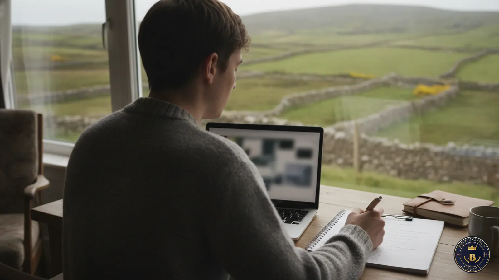 Person checking casino licence details on a laptop screen, notebook and coffee beside them