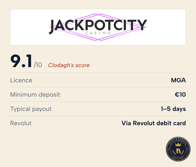 Jackpot City rating: 9.1 out of 10, MGA licence, minimum deposit €10