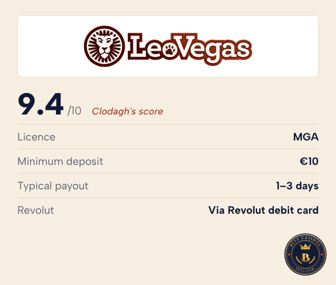 LeoVegas rating: 9.4 out of 10, MGA licence, minimum deposit €10