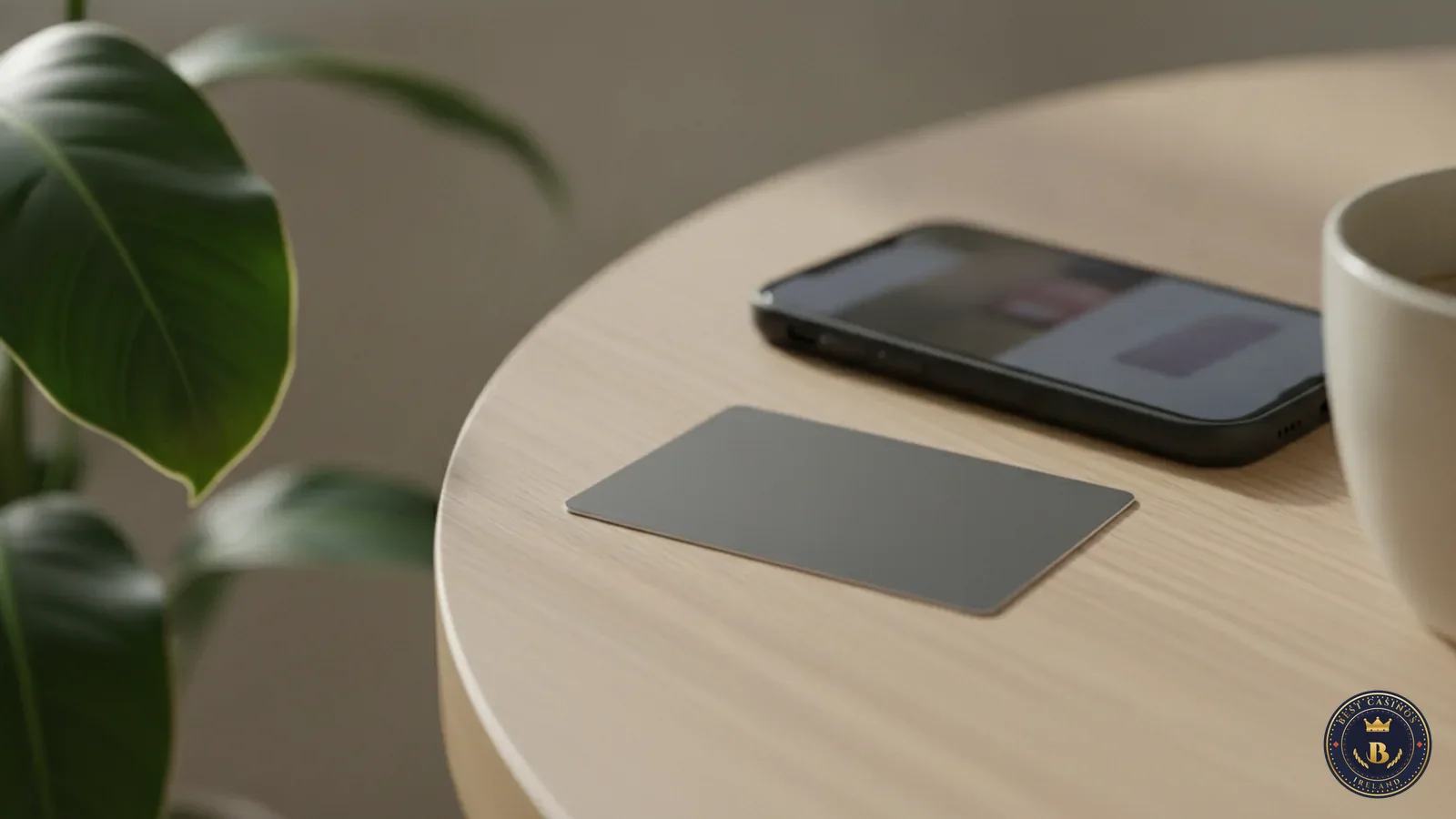 Plain payment card next to a phone on a light wooden table