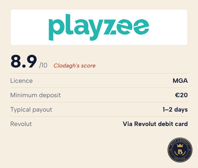 PlayZee rating: 8.9 out of 10, MGA licence, minimum deposit €20