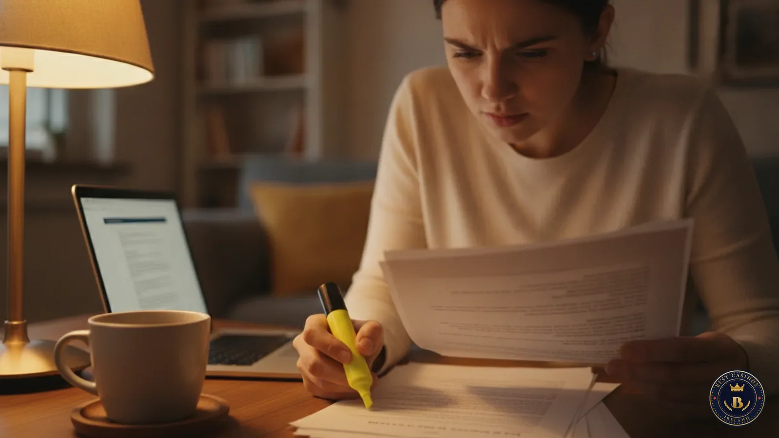 Woman reading printed bonus terms with a highlighter, laptop and coffee beside her