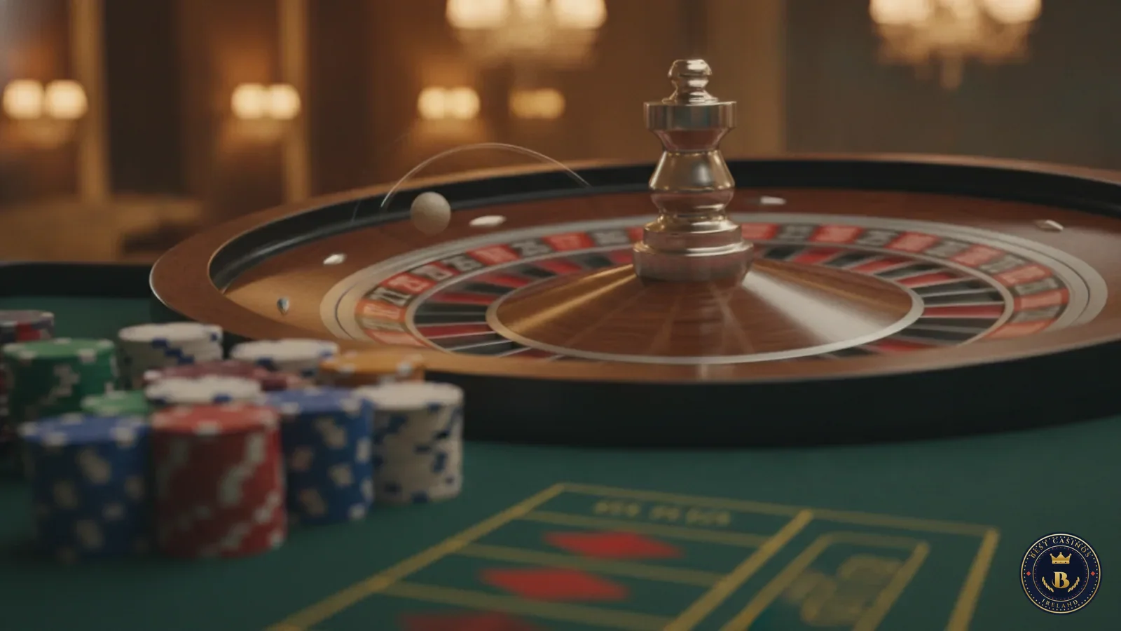 Close-up of a live roulette wheel with chips on the felt, warm casino lighting