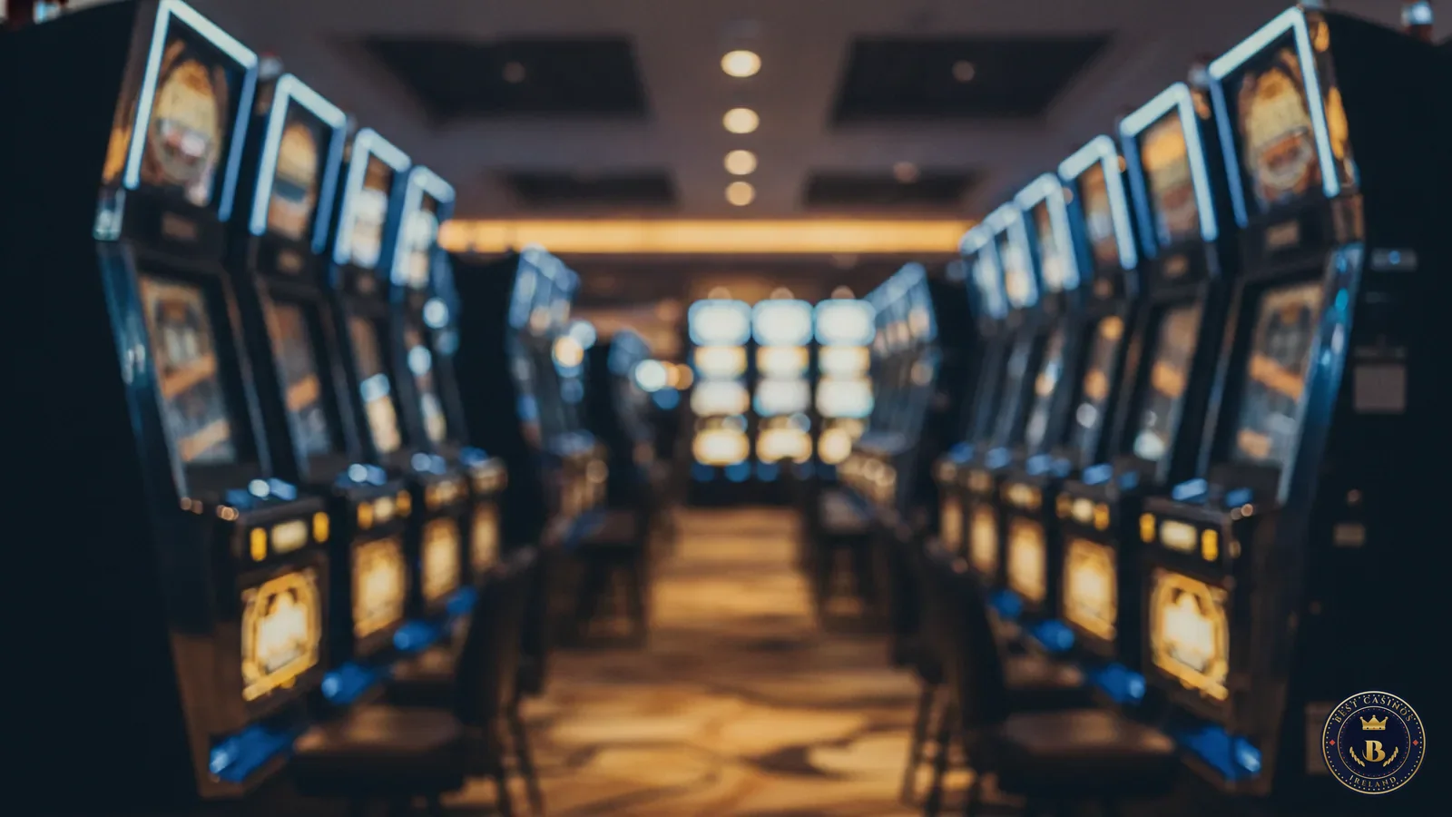 Row of glowing slot machines in a dim casino hall