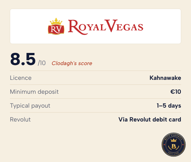 Royal Vegas rating: 8.5 out of 10, Kahnawake licence, minimum deposit €10