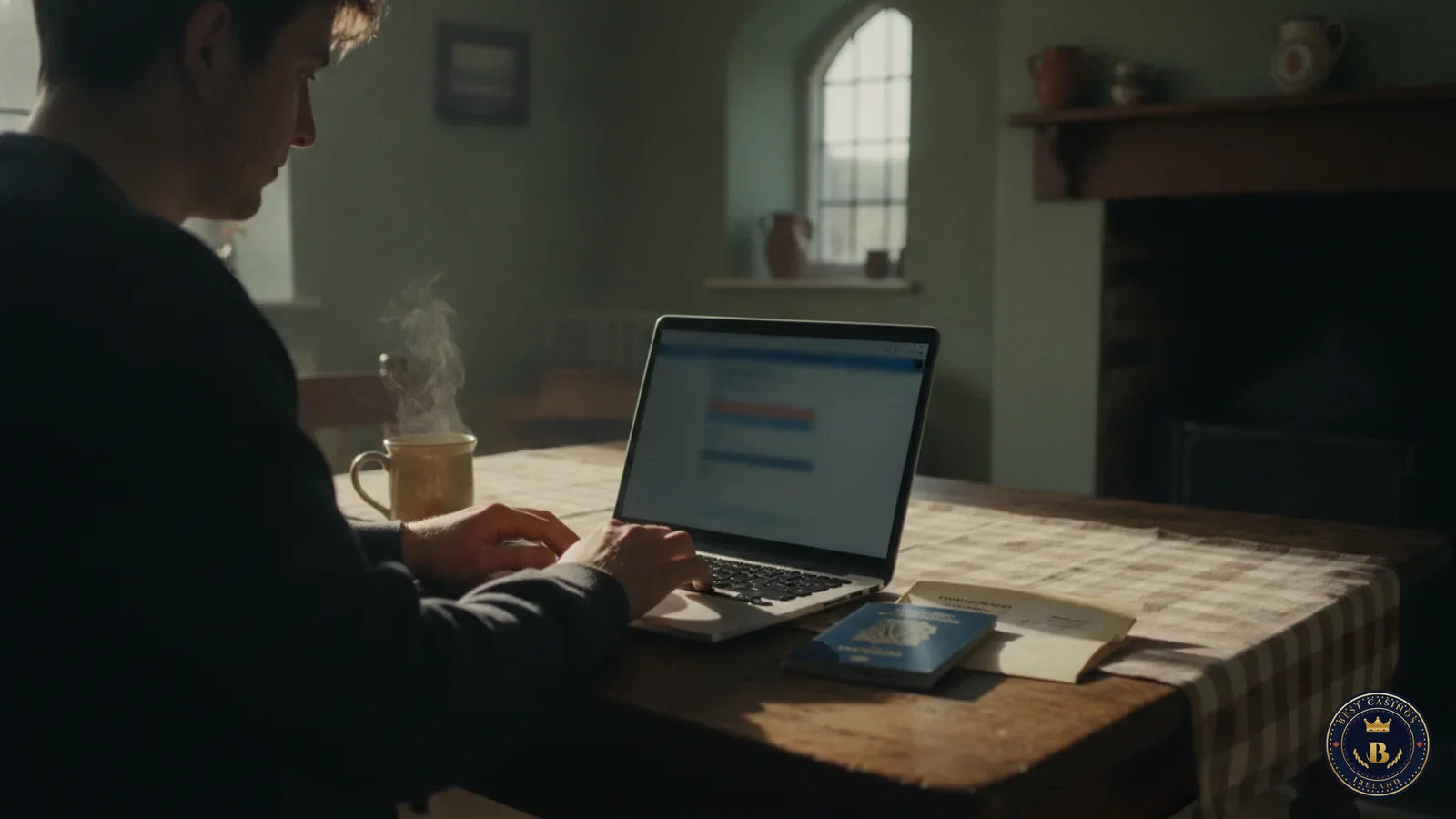 Laptop on a farmhouse kitchen table with a passport and utility bill beside it, ready for a casino ID check