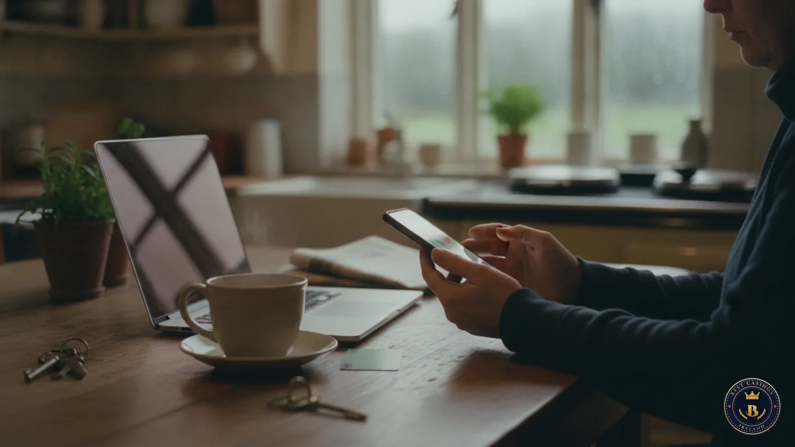 Laptop and phone on a kitchen table showing an online casino cashier, with a Revolut card beside them