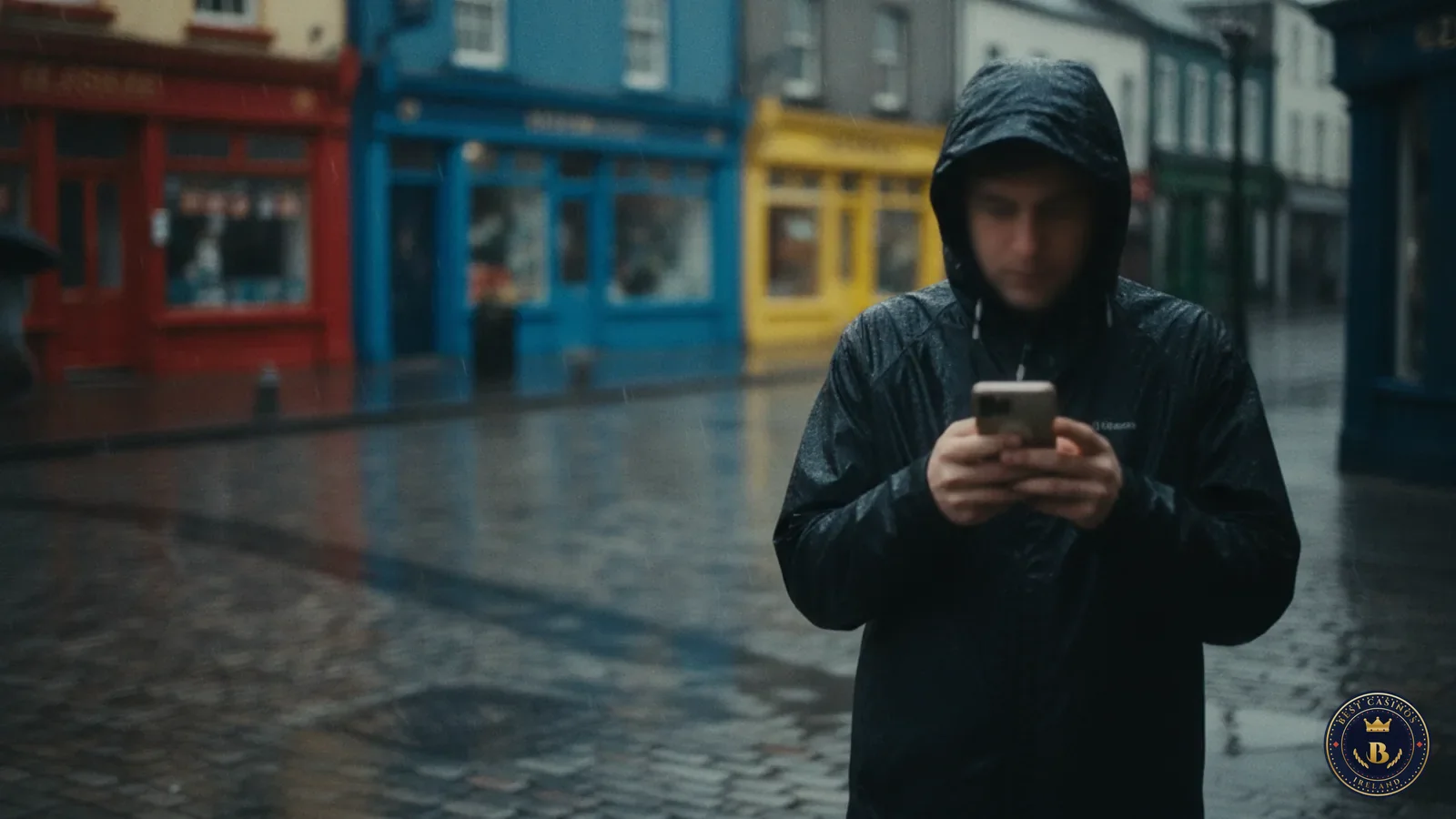Person in a rain jacket using a phone on a rainy Galway street at dusk