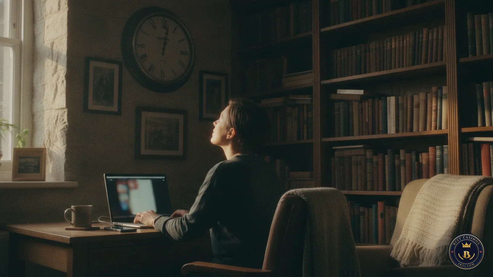 Person at a home desk with a wall clock behind them, waiting on a casino payout