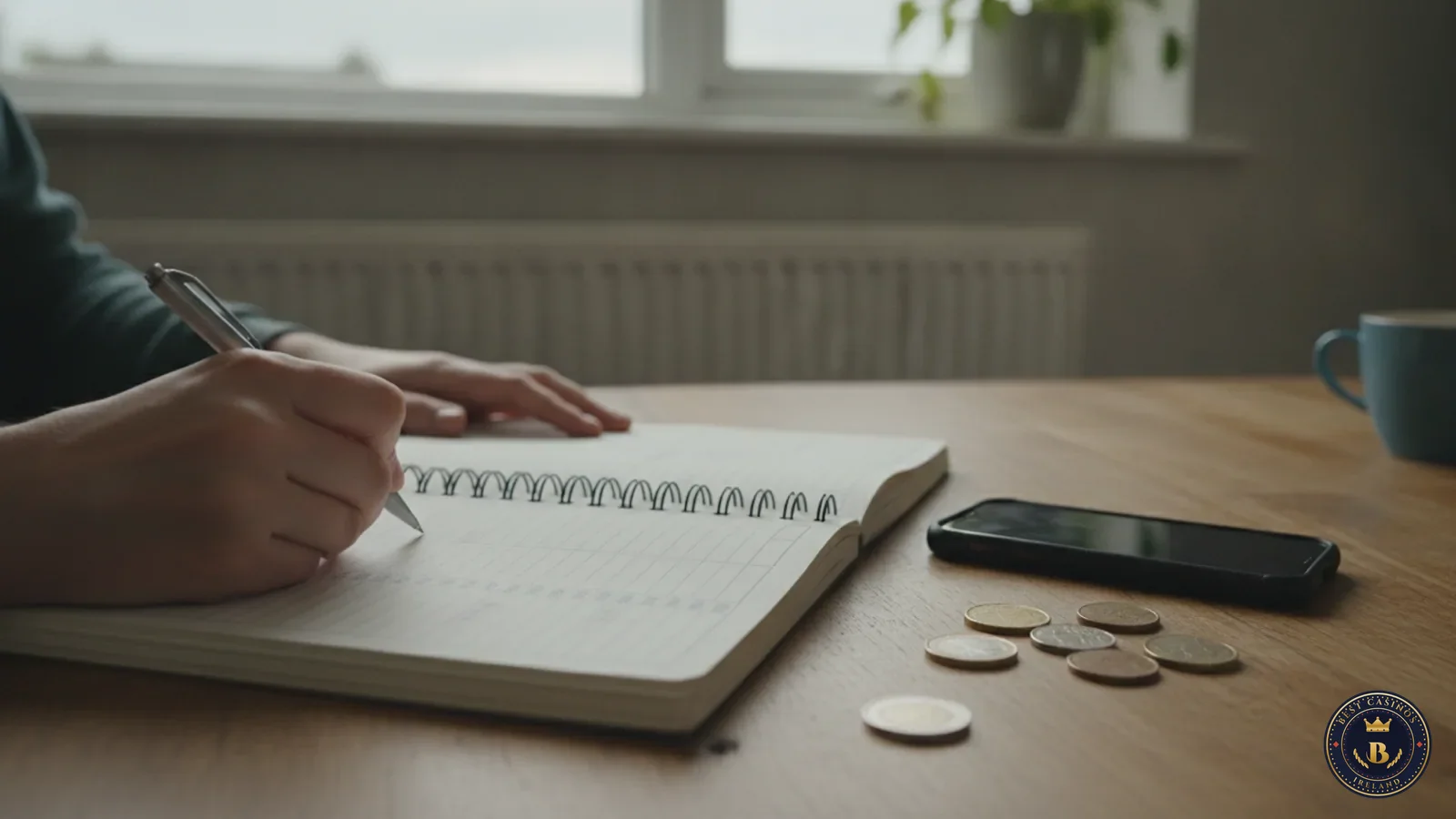 Person writing a weekly budget in a notebook at a kitchen table, with a phone and a few euro coins nearby