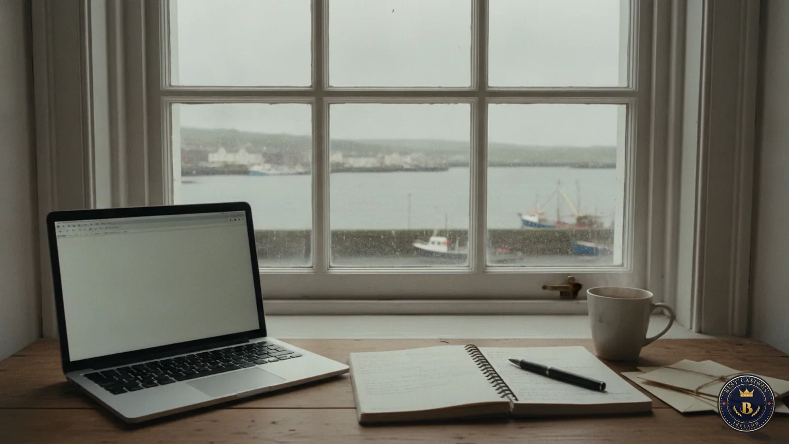 Writing desk by a window overlooking Galway harbour, with a laptop, notebook and mug of tea